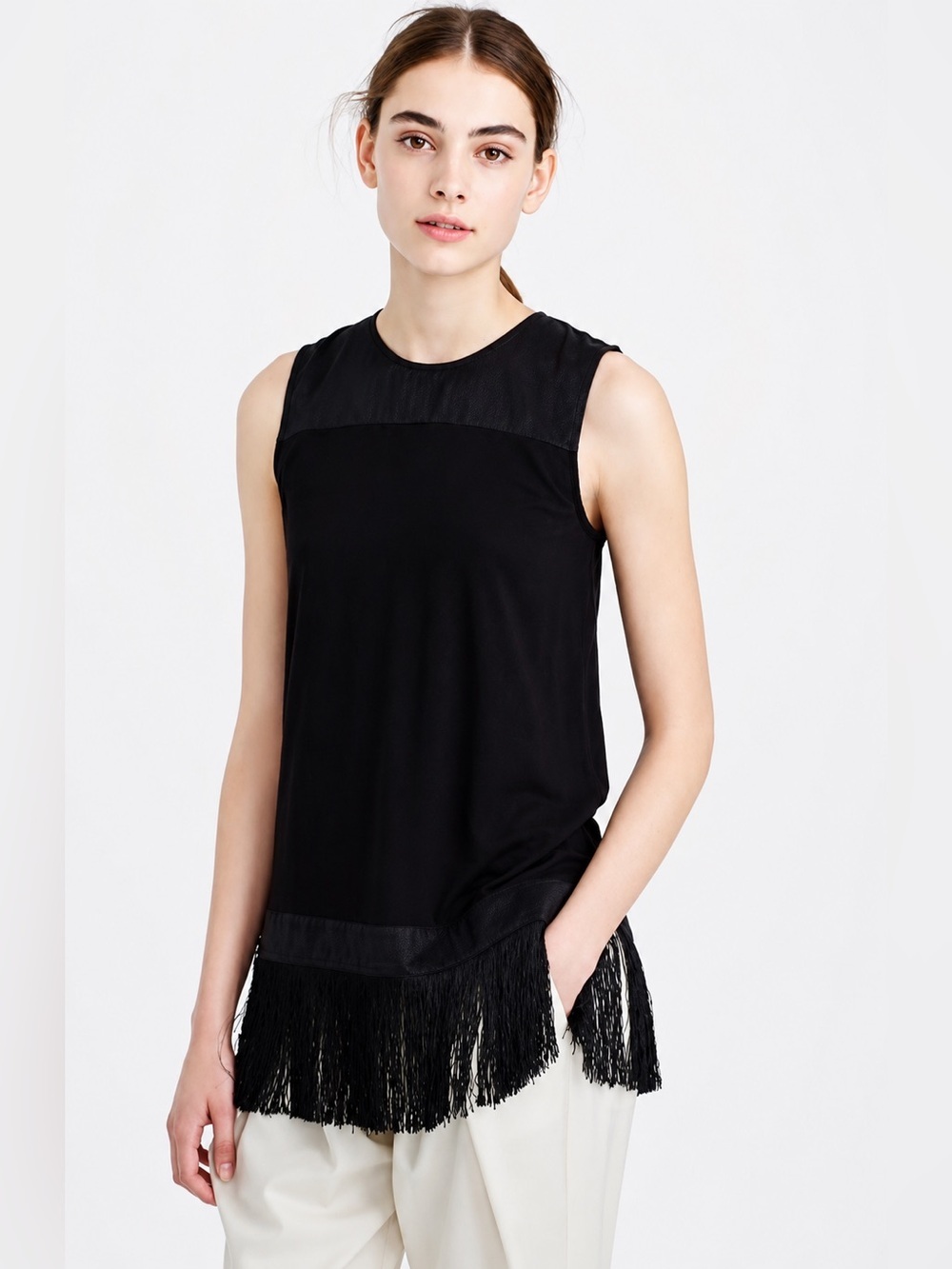 J.Crew Solid Black Fringe Tank Drape Top Tunic B6374 Sleeveless Classic S